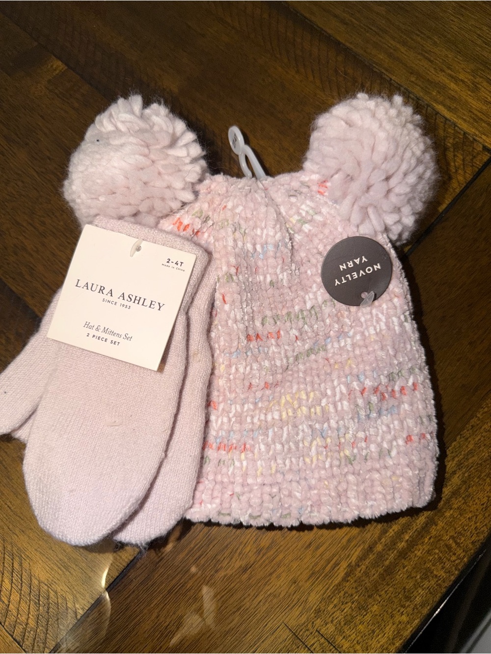 Laura Ashley Light Pink Knit Pom-Pom Hat and Mittens Set